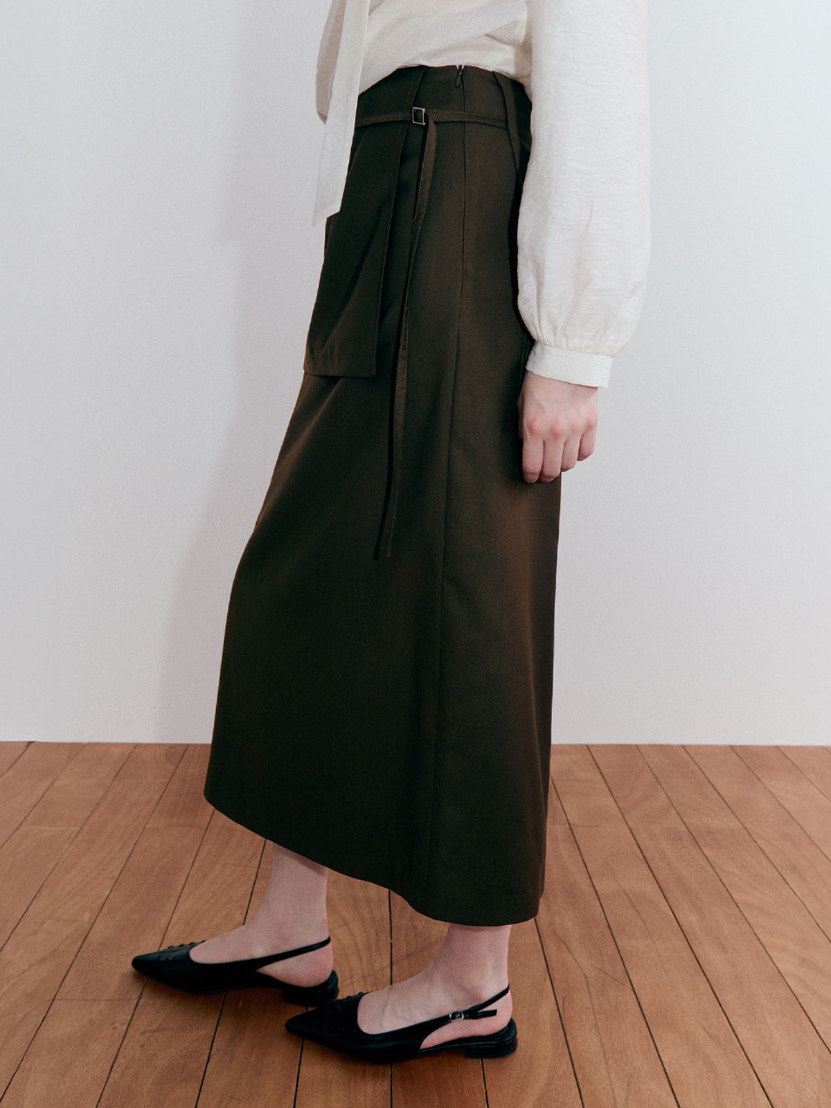에트몽(ETMON) Buckle Strap Layered Skirt, Brown