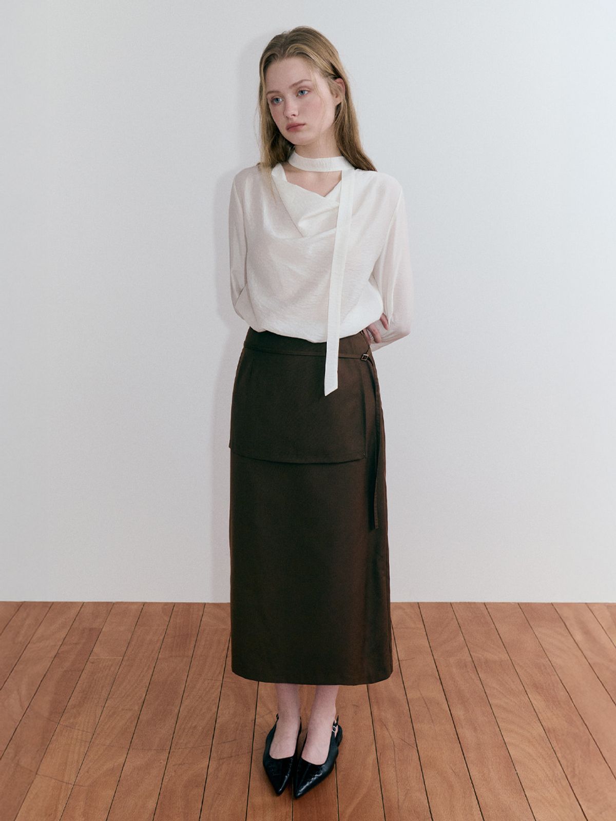 에트몽(ETMON) Buckle Strap Layered Skirt, Brown
