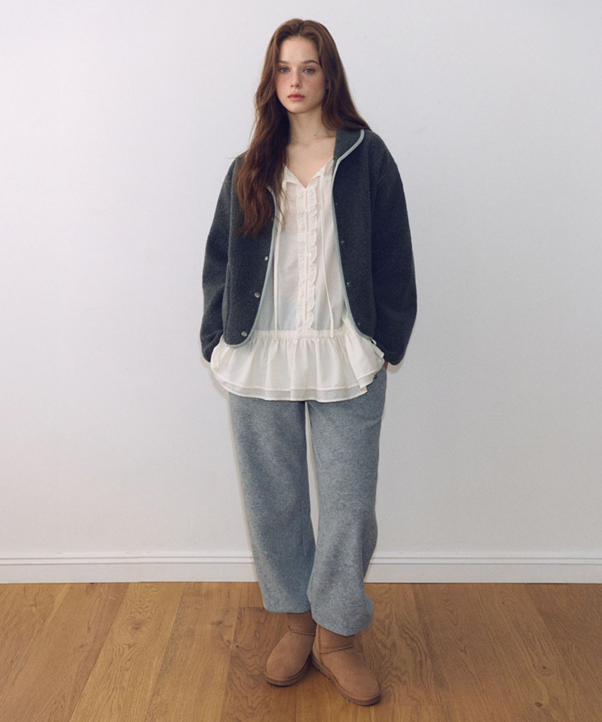 에트몽(ETMON) Pintuck String Frill Blouse, Ivory