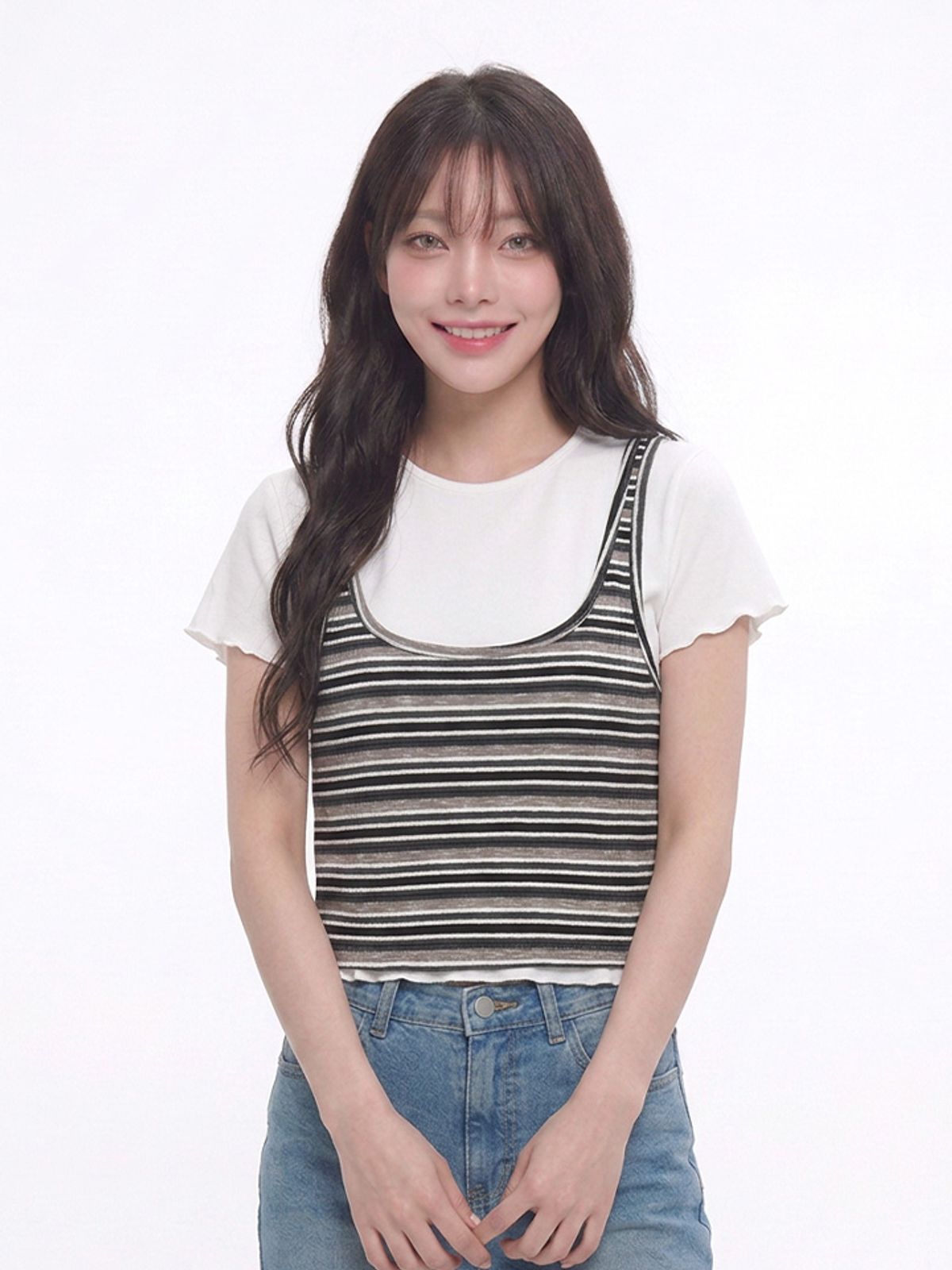 행텐(HANGTEN) 여성 레이어드 스트라이프 크롭 티셔츠_001(10580-131-626-69)