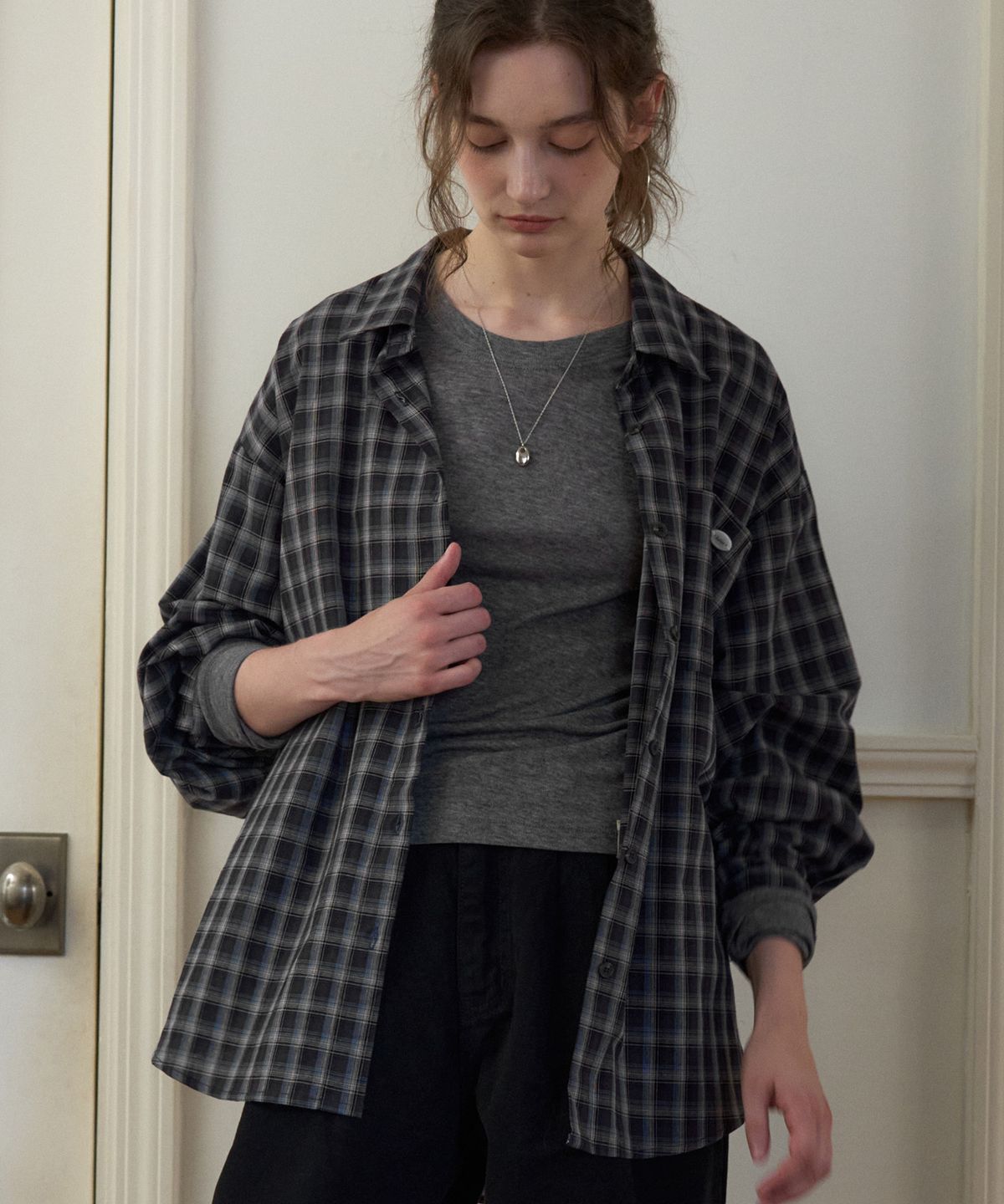 헤인트(HAINT) BERON CHECK OVERSIZED SHIRTS 2COL_NAVY