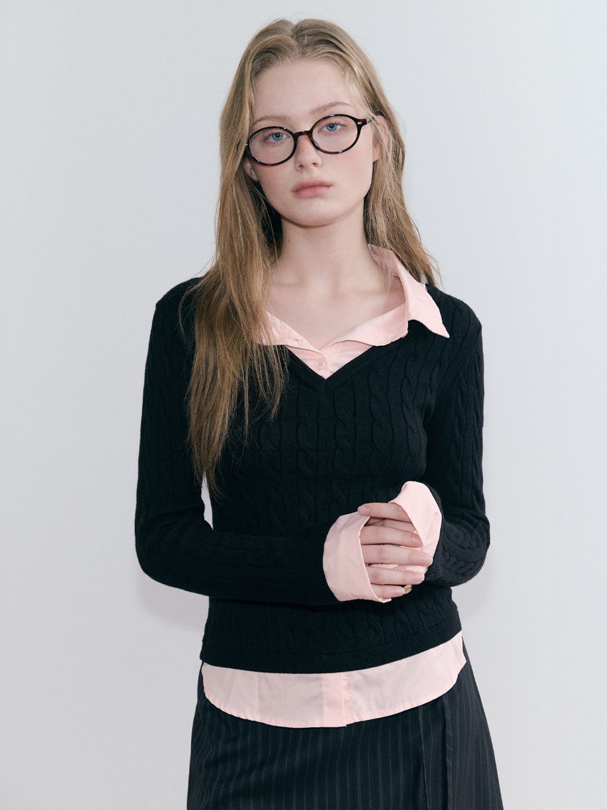 에트몽(ETMON) Layered Shirt Cable Knit, Black