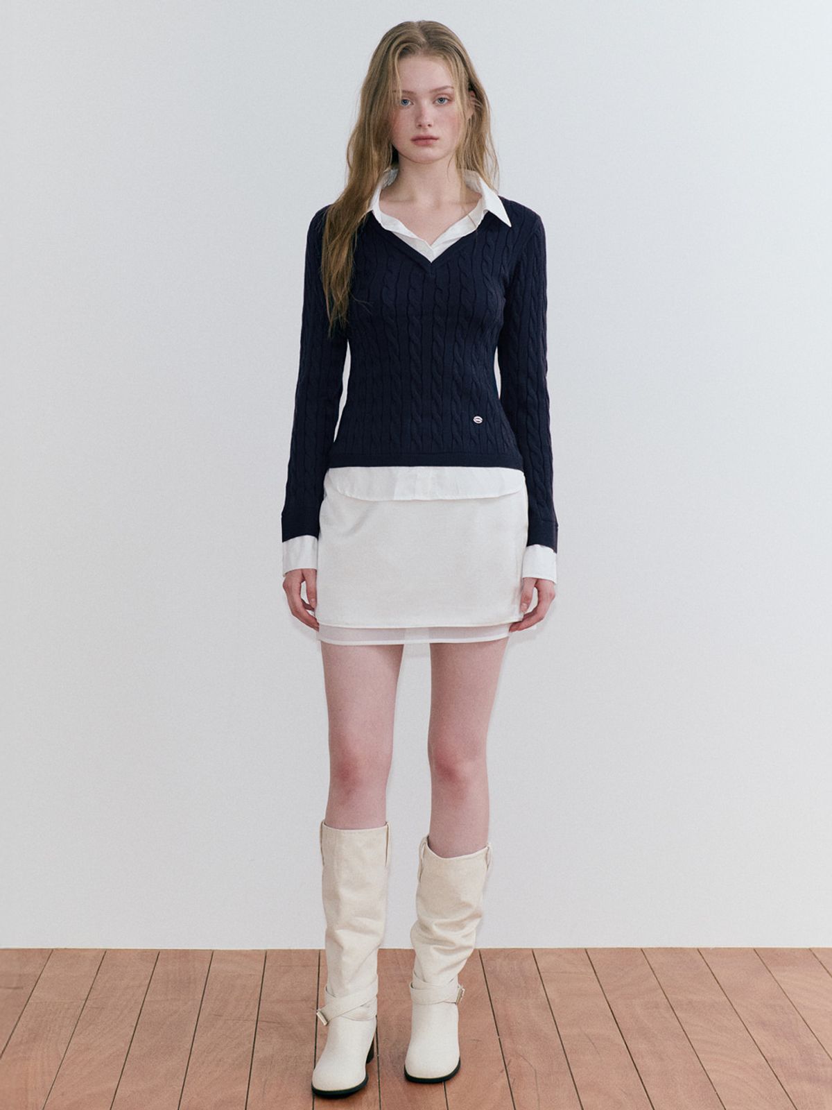 에트몽(ETMON) Layered Shirt Cable Knit, Navy