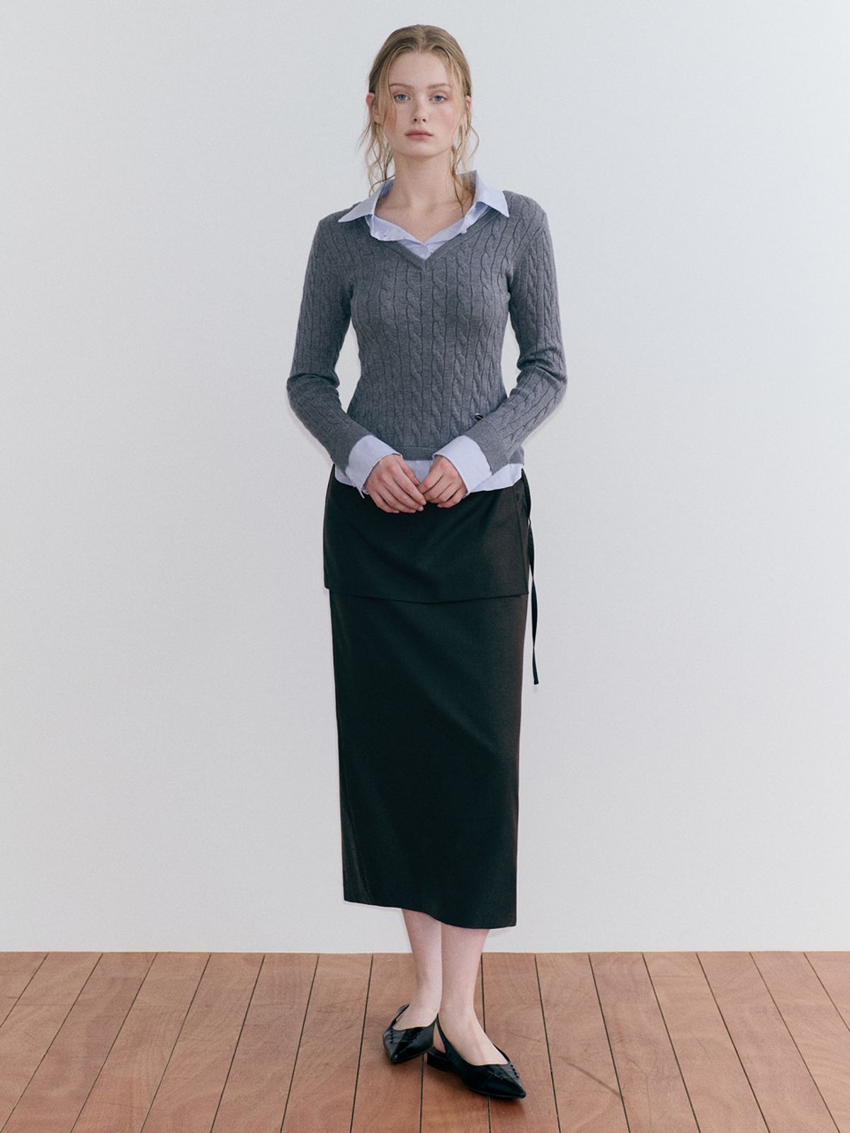 에트몽(ETMON) Layered Shirt Cable Knit, Grey