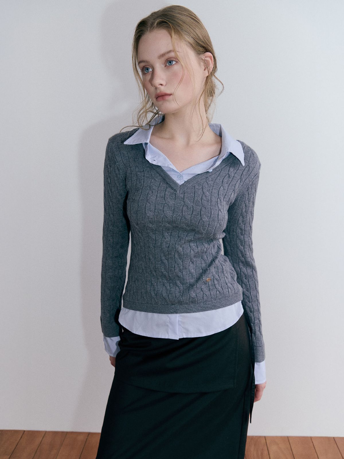 에트몽(ETMON) Layered Shirt Cable Knit, Grey