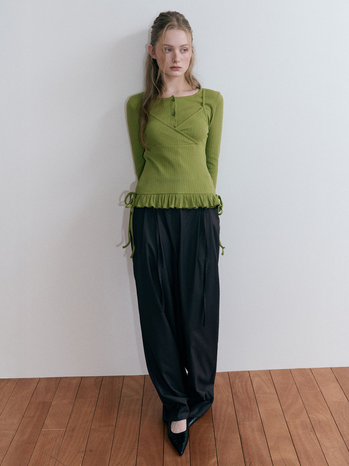 에트몽(ETMON) Frill Ribbed Cardigan Set, Olive