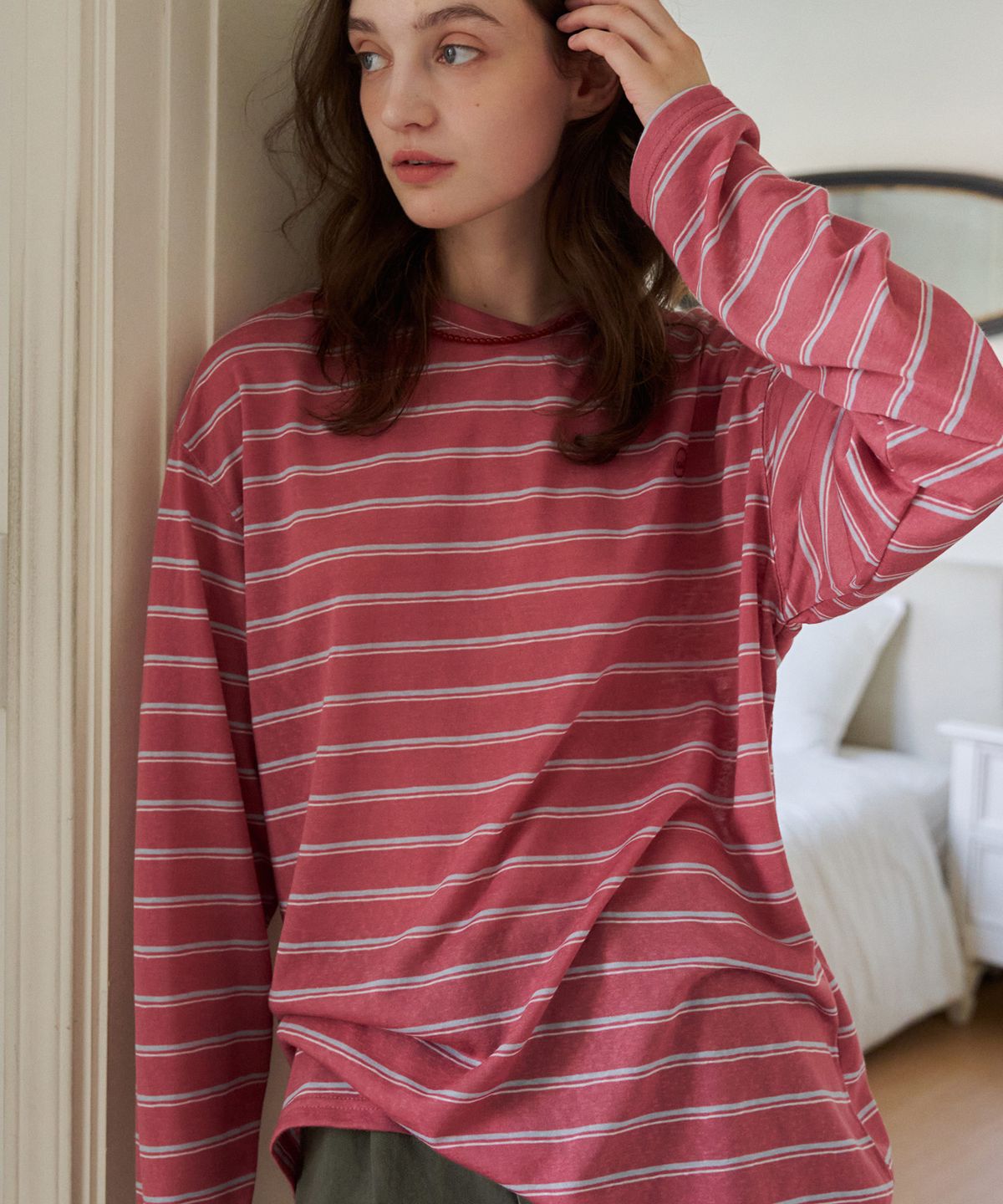 헤인트(HAINT) VETA TENCEL STRIPE LONG SLEEVE_BURGUNDY