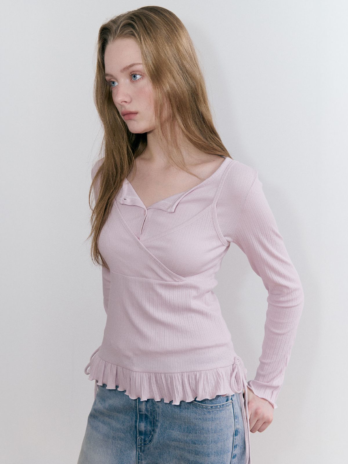 에트몽(ETMON) Frill Ribbed Cardigan Set, Lavender Pink