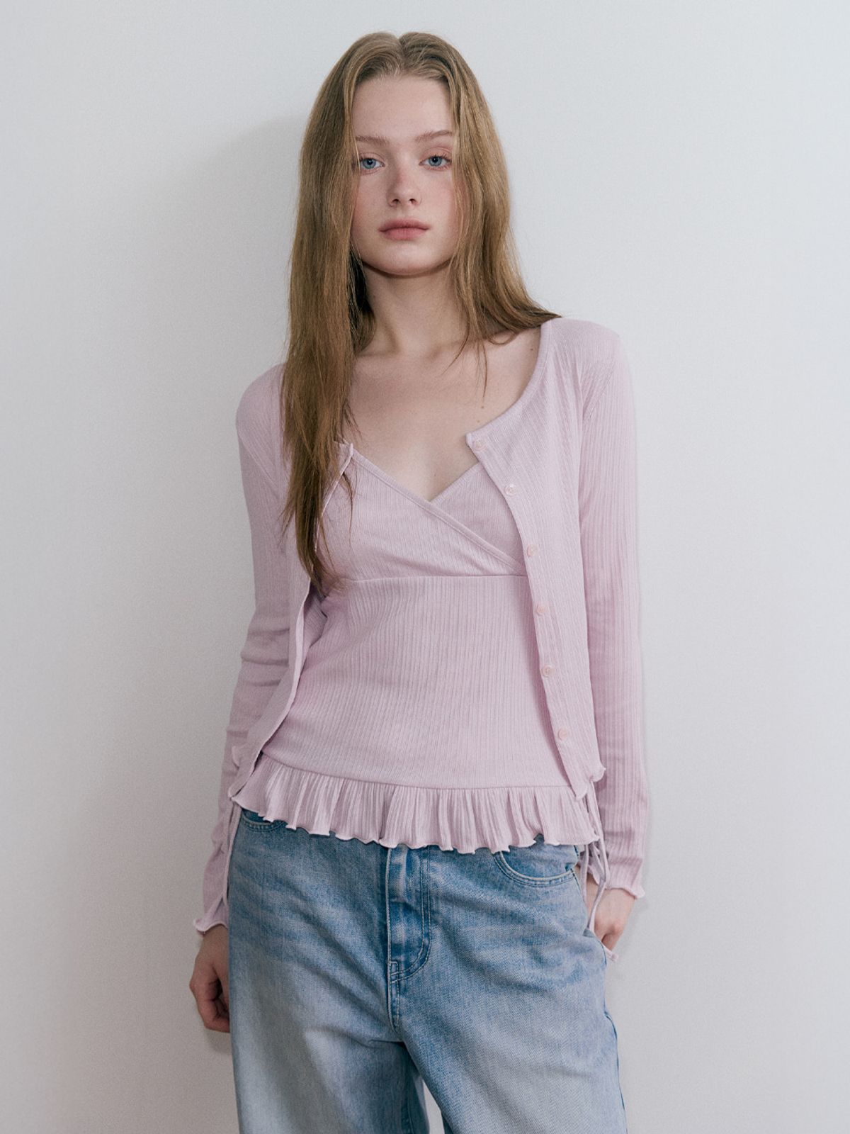 에트몽(ETMON) Frill Ribbed Cardigan Set, Lavender Pink