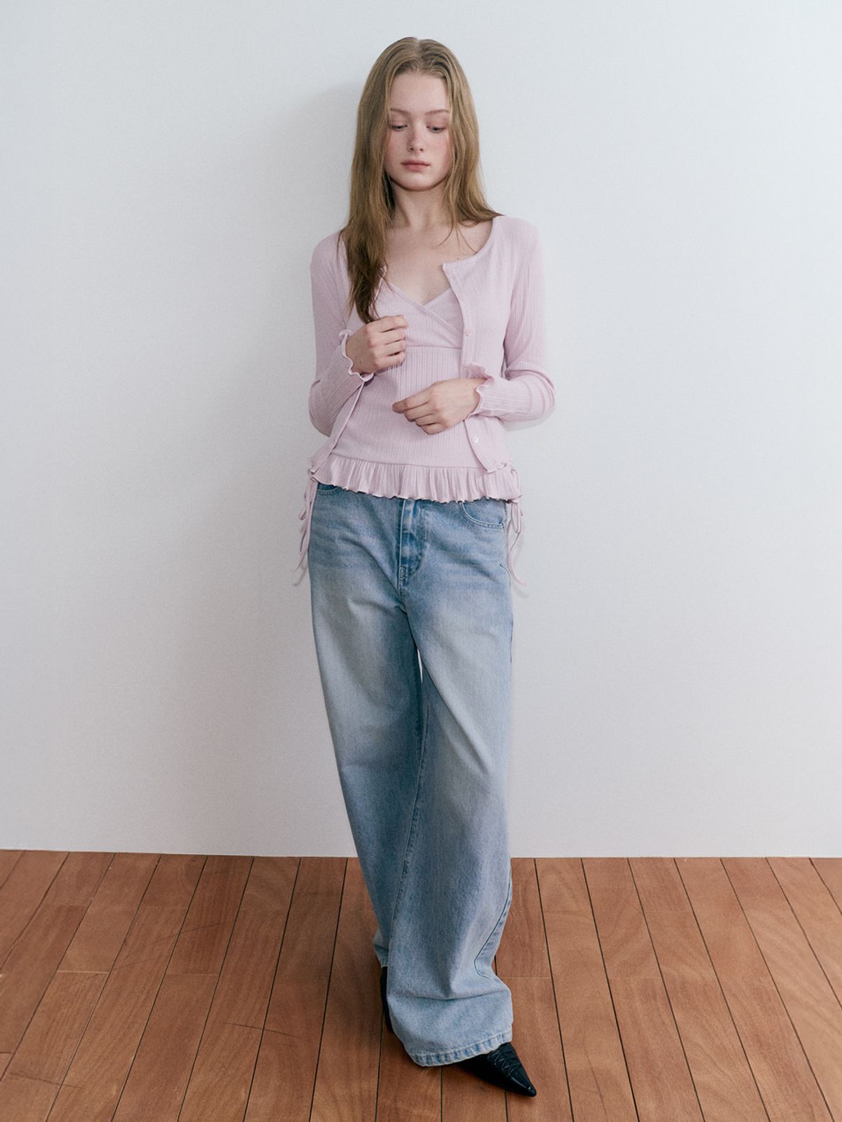 에트몽(ETMON) Frill Ribbed Cardigan Set, Lavender Pink