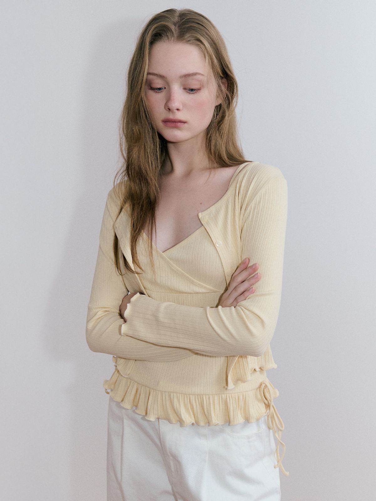 에트몽(ETMON) Frill Ribbed Cardigan Set, Butter Yellow