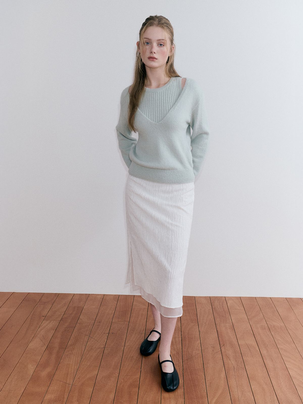 에트몽(ETMON) Deep V-Neck Knit Set, Mint