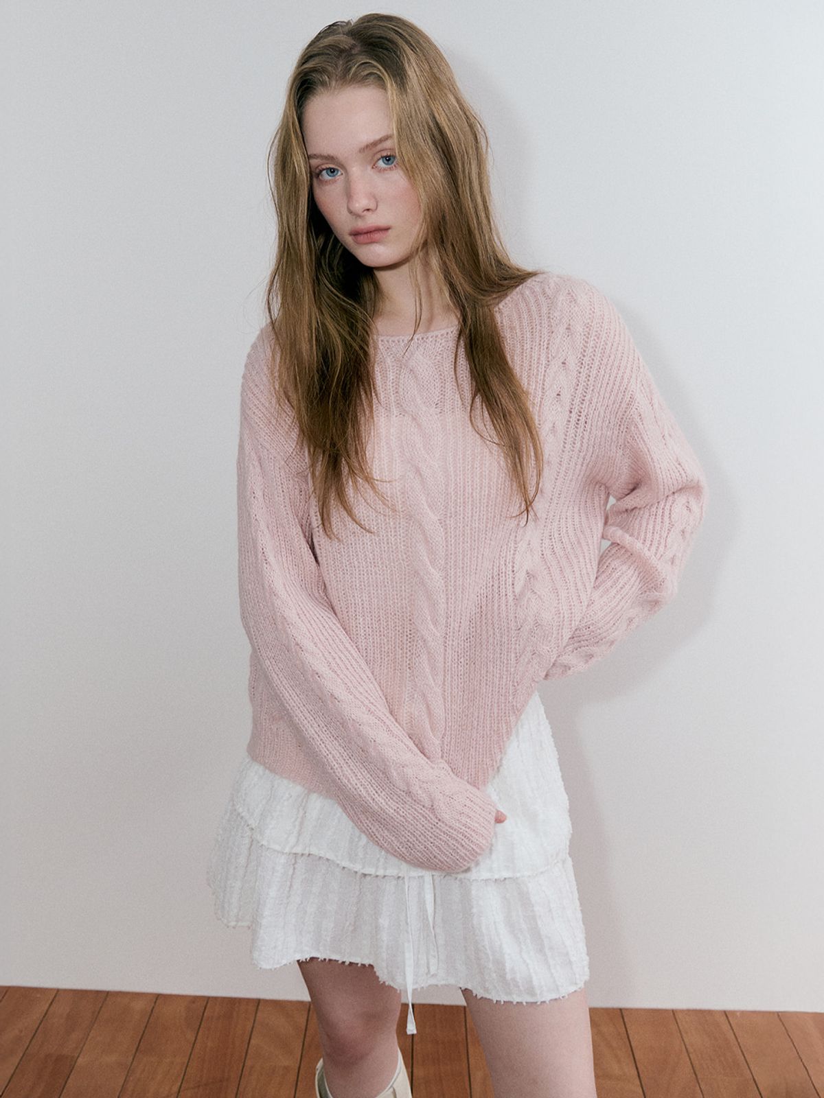 에트몽(ETMON) Boat-Neck Cable Knit Pullover, Light Pink