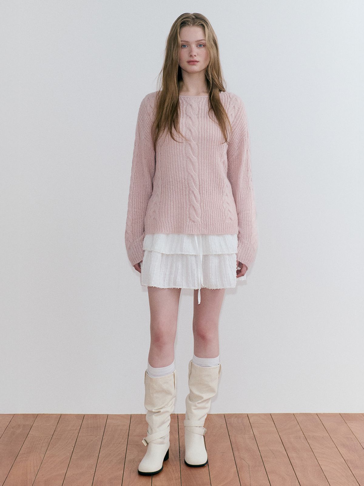 에트몽(ETMON) Boat-Neck Cable Knit Pullover, Light Pink