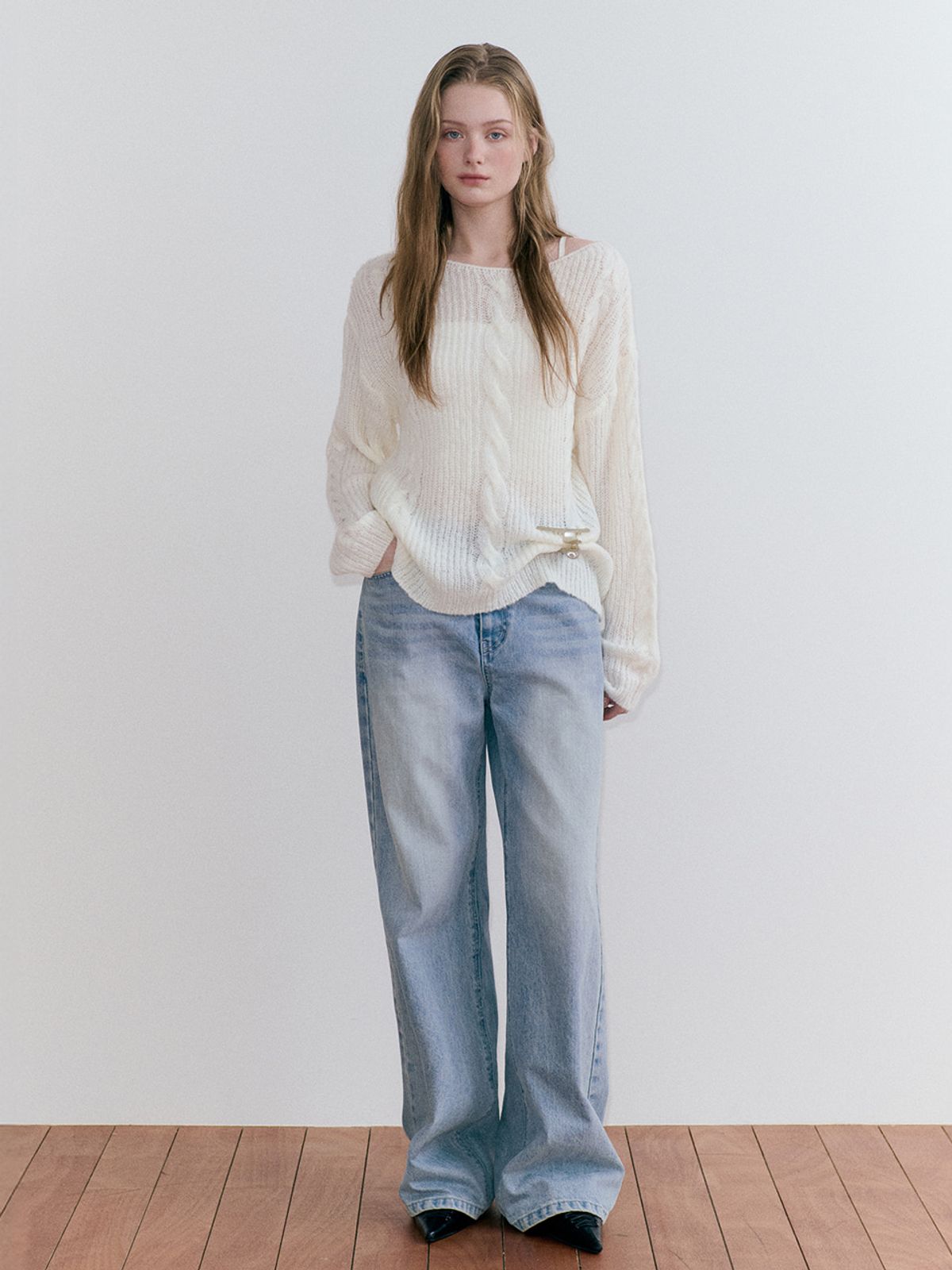 에트몽(ETMON) Boat-Neck Cable Knit Pullover, Ivory