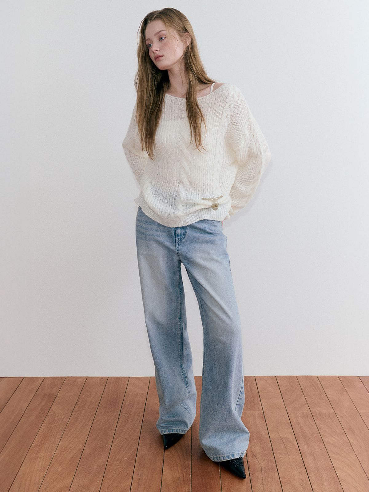 에트몽(ETMON) Boat-Neck Cable Knit Pullover, Ivory