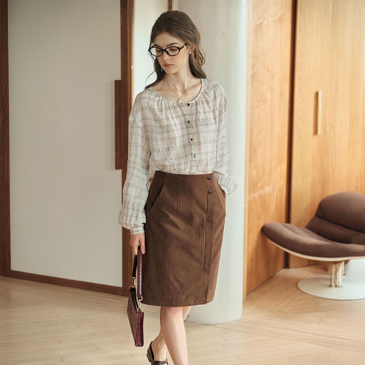 심플레트로(SIMPLE RETRO) SR_Puff sleeve plaid blouse