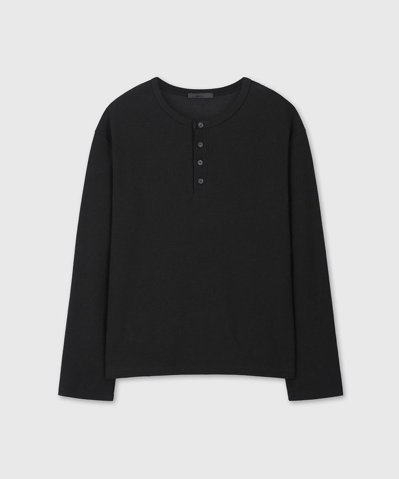 UNIFORM WAFFLE HENLEY NECK LONG SLEEVE (BLACK)
