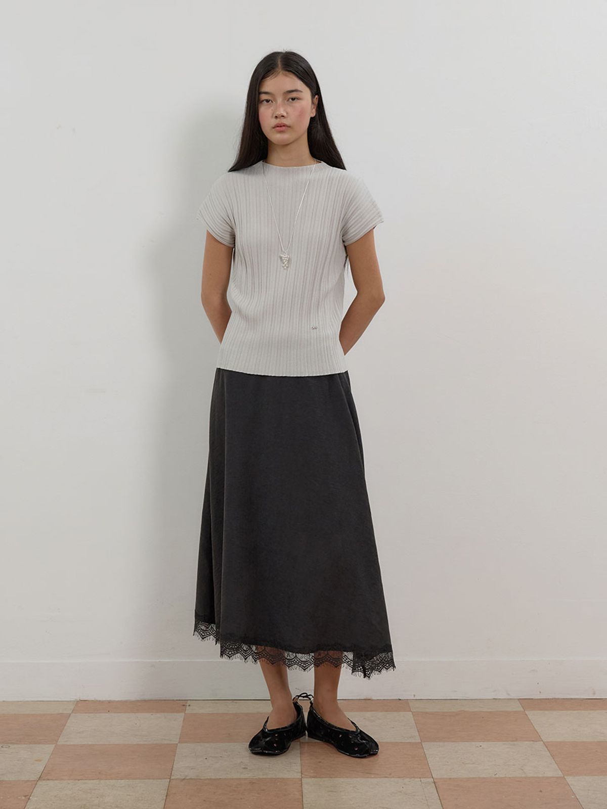 뮈뮈에르(MUEMUER) Lace Trimmed Flared Skirt MU2678SK802M_BLACK