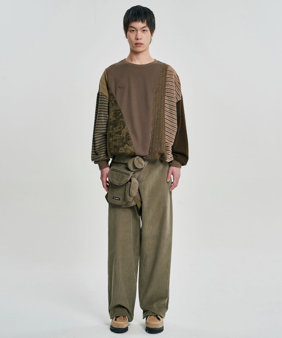 아조바이아조(AJOBYAJO) Mixed Fabric Panel Sweatshirt [BROWN]