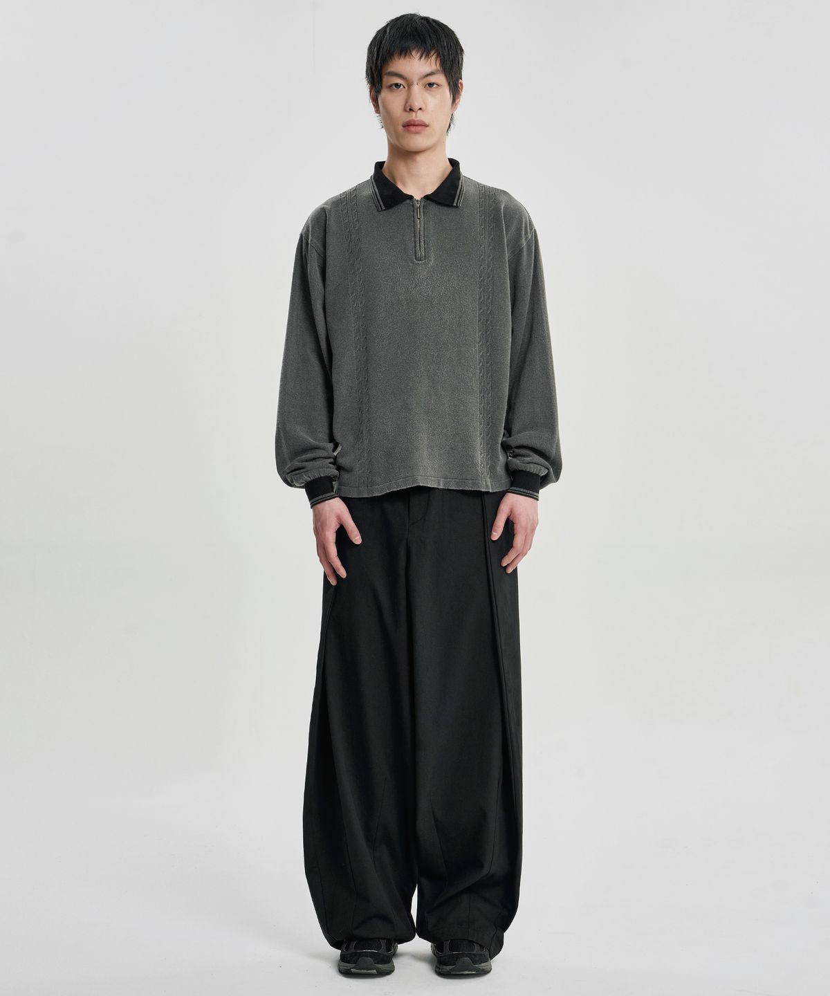 아조바이아조(AJOBYAJO) [RWK] Washed Cable Stitch Collar Zip-Up [CHARCOAL]