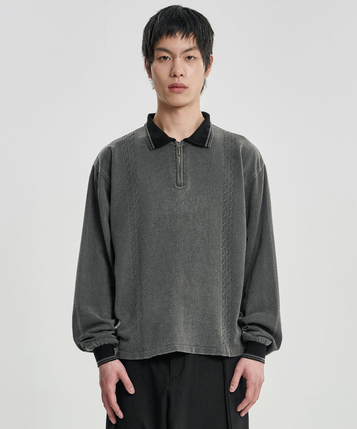 아조바이아조(AJOBYAJO) [RWK] Washed Cable Stitch Collar Zip-Up [CHARCOAL]