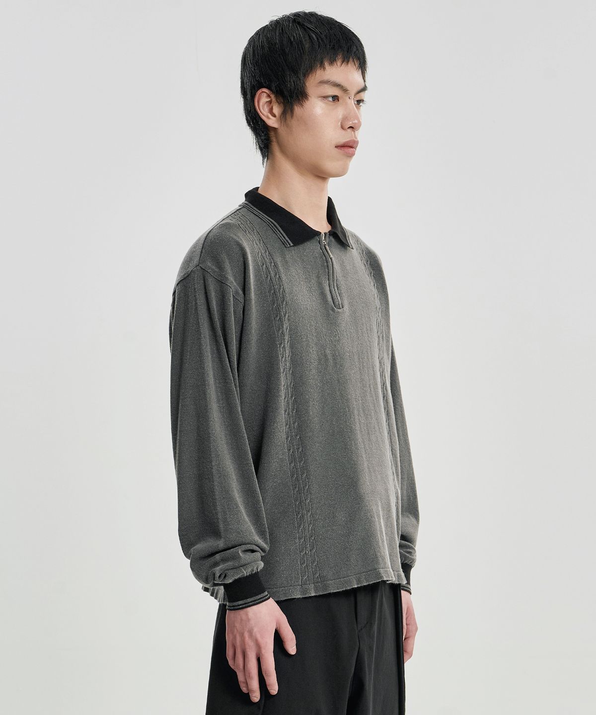 아조바이아조(AJOBYAJO) [RWK] Washed Cable Stitch Collar Zip-Up [CHARCOAL]