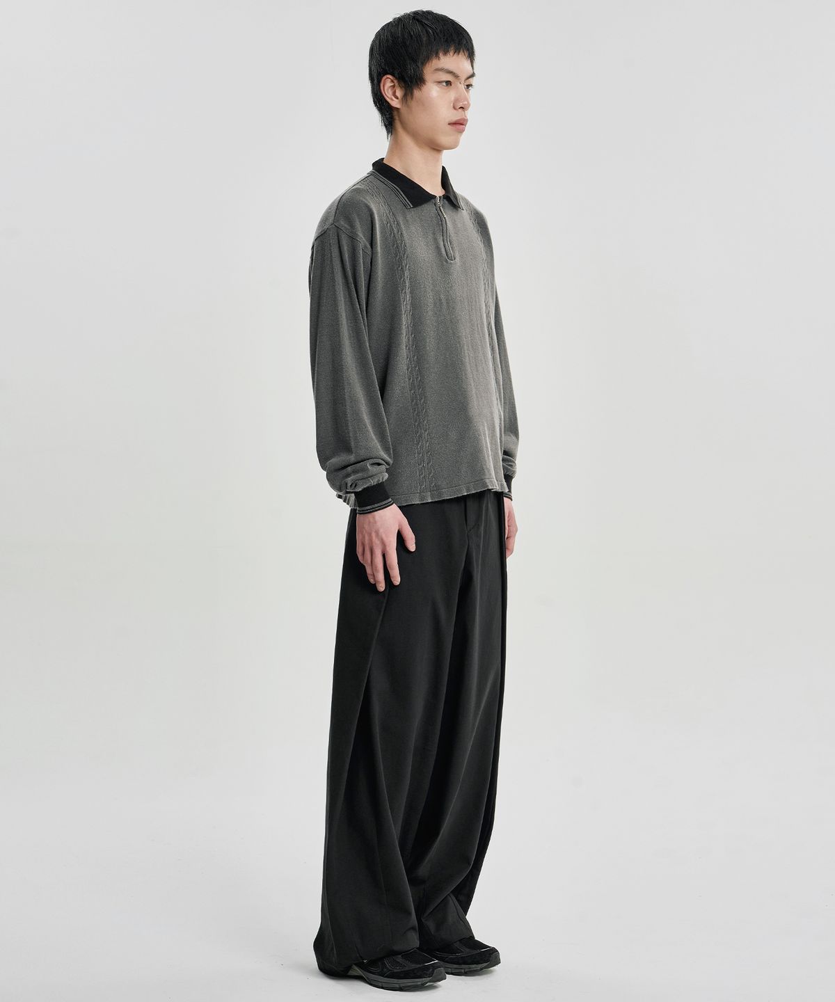 아조바이아조(AJOBYAJO) [RWK] Washed Cable Stitch Collar Zip-Up [CHARCOAL]