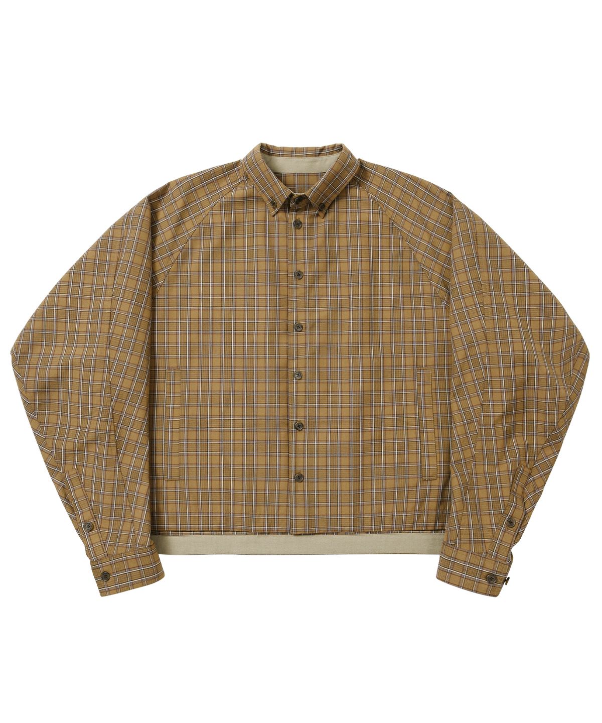 아조바이아조(AJOBYAJO) Cropped Sculpted Raglan Check Shirt [CAMEL]