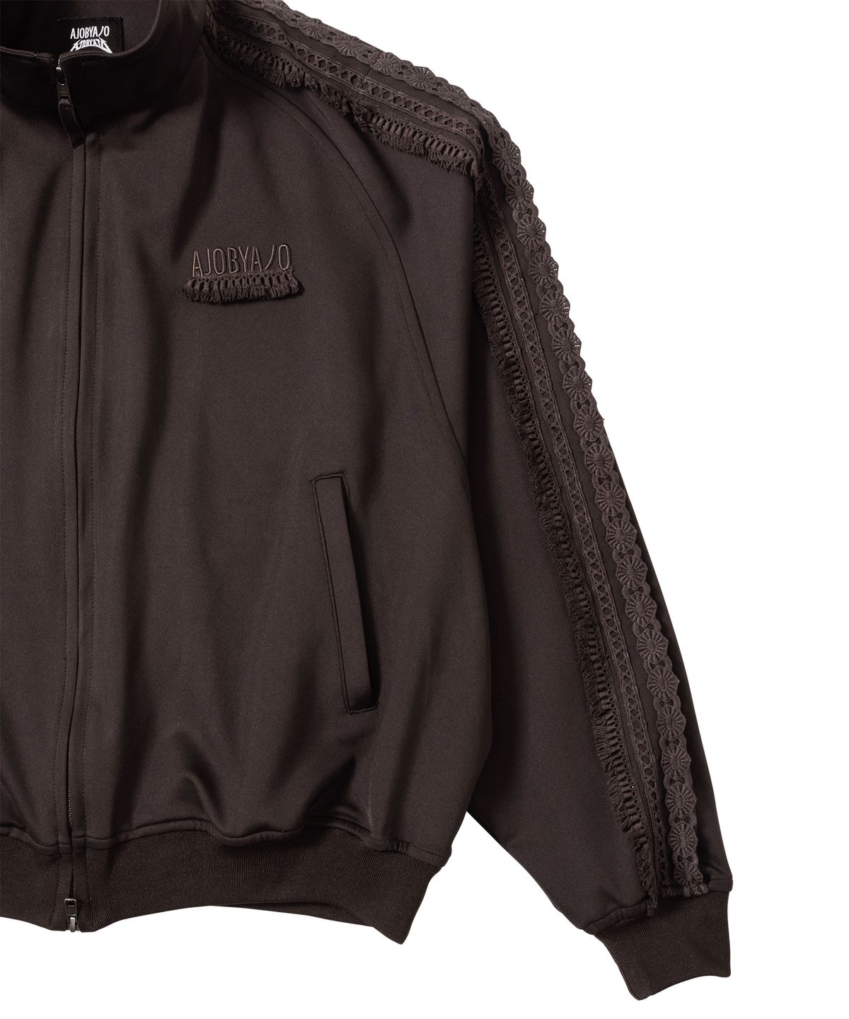아조바이아조(AJOBYAJO) Multi Lace Trim Raglan Track Jacket [DARK BROWN]