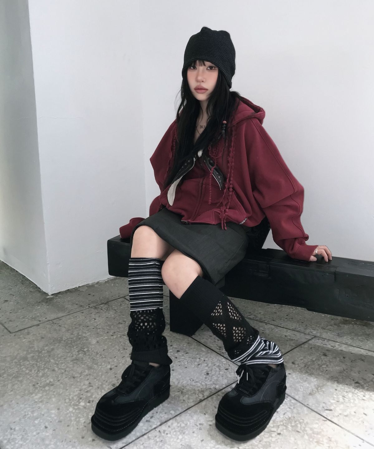 아조바이아조(AJOBYAJO) [ZGGU] Mixed Fabric Leg Warmers [BLACK]