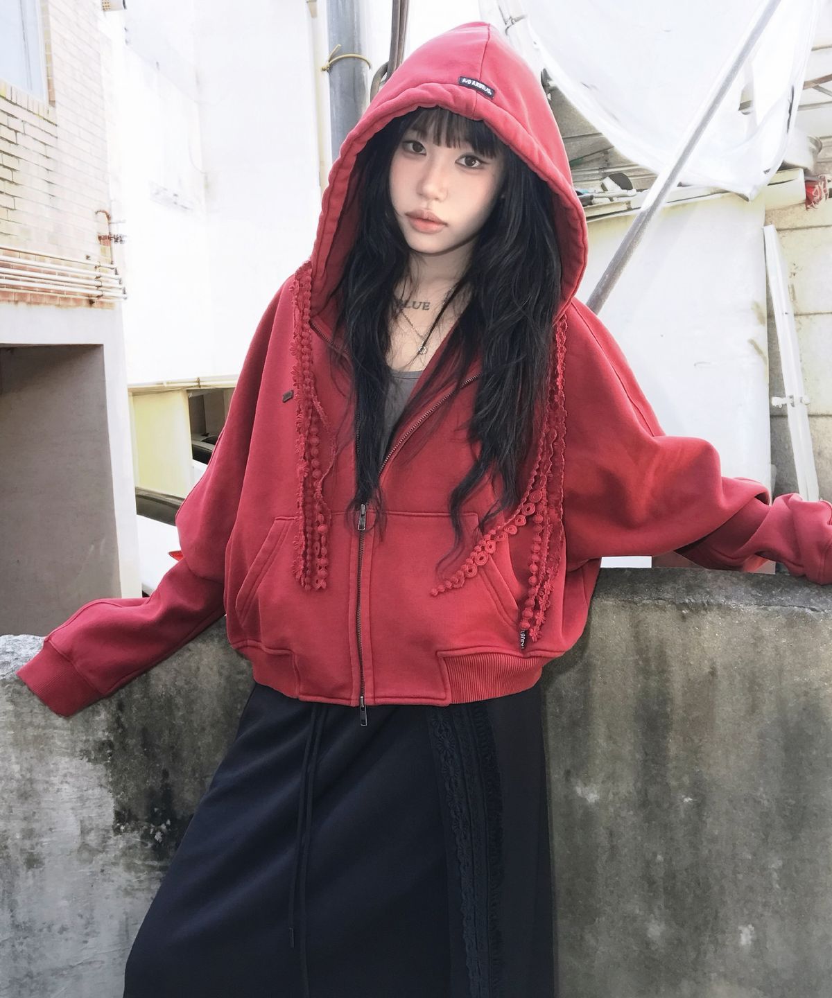아조바이아조(AJOBYAJO) [ZGGU] Laced Multi-Drawstring Zip-Up Hoodie [BURGUNDY]