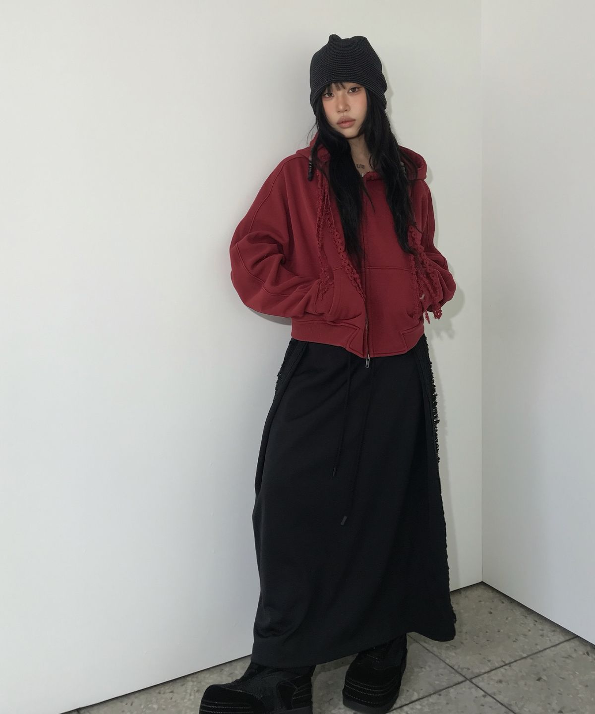 아조바이아조(AJOBYAJO) [ZGGU] Laced Multi-Drawstring Zip-Up Hoodie [BURGUNDY]