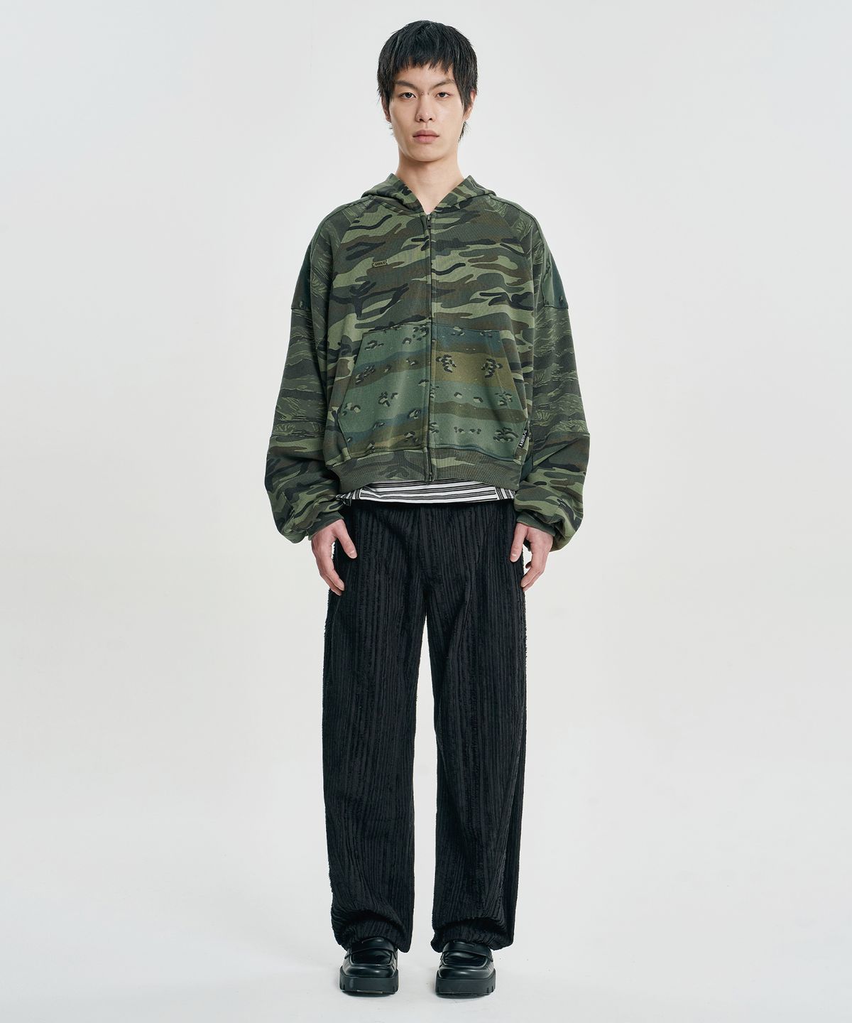 아조바이아조(AJOBYAJO) Cropped Mixed Camo Zip-Up Hoodie [KHAKI]