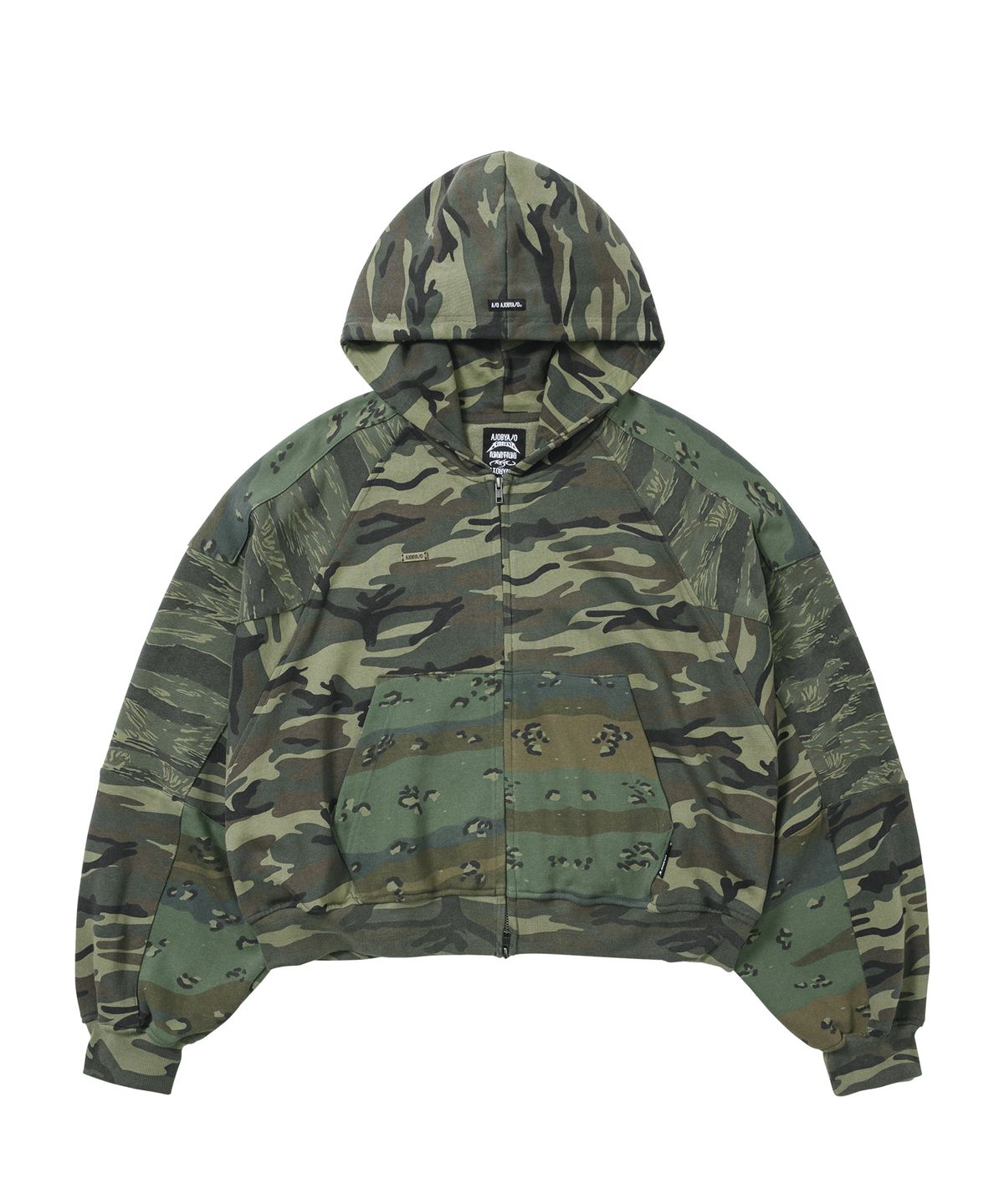 아조바이아조(AJOBYAJO) Cropped Mixed Camo Zip-Up Hoodie [KHAKI]