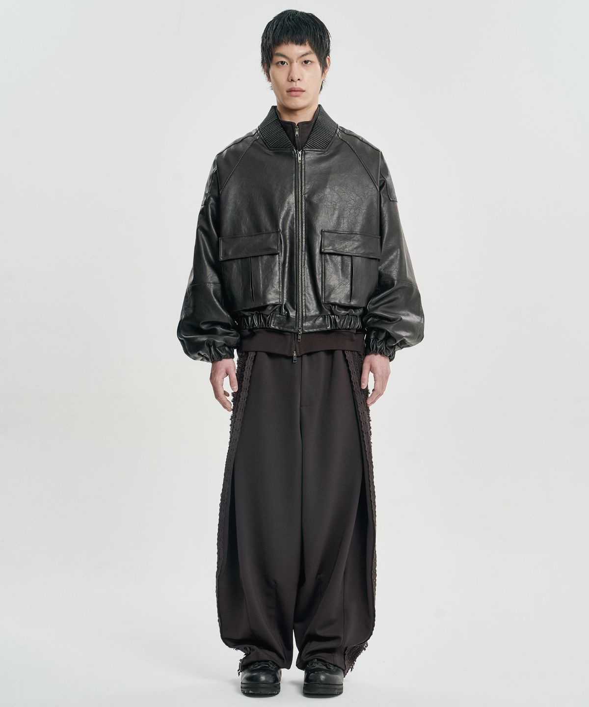 아조바이아조(AJOBYAJO) Faux Leather Ribbed Collar Blouson [DARK BROWN]