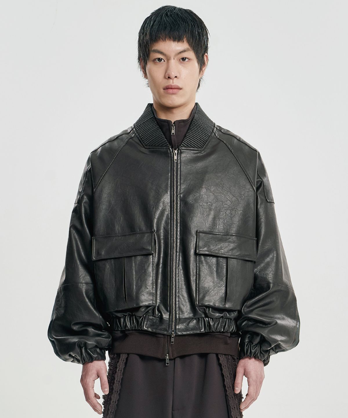 아조바이아조(AJOBYAJO) Faux Leather Ribbed Collar Blouson [DARK BROWN]