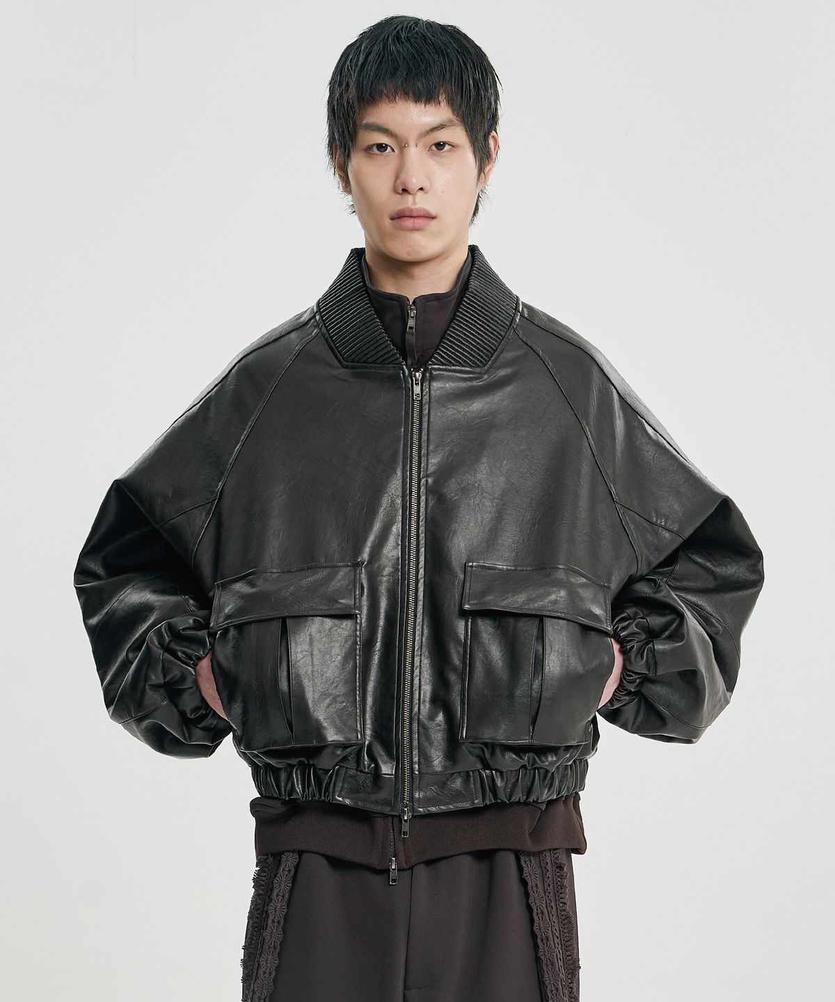 아조바이아조(AJOBYAJO) Faux Leather Ribbed Collar Blouson [DARK BROWN]