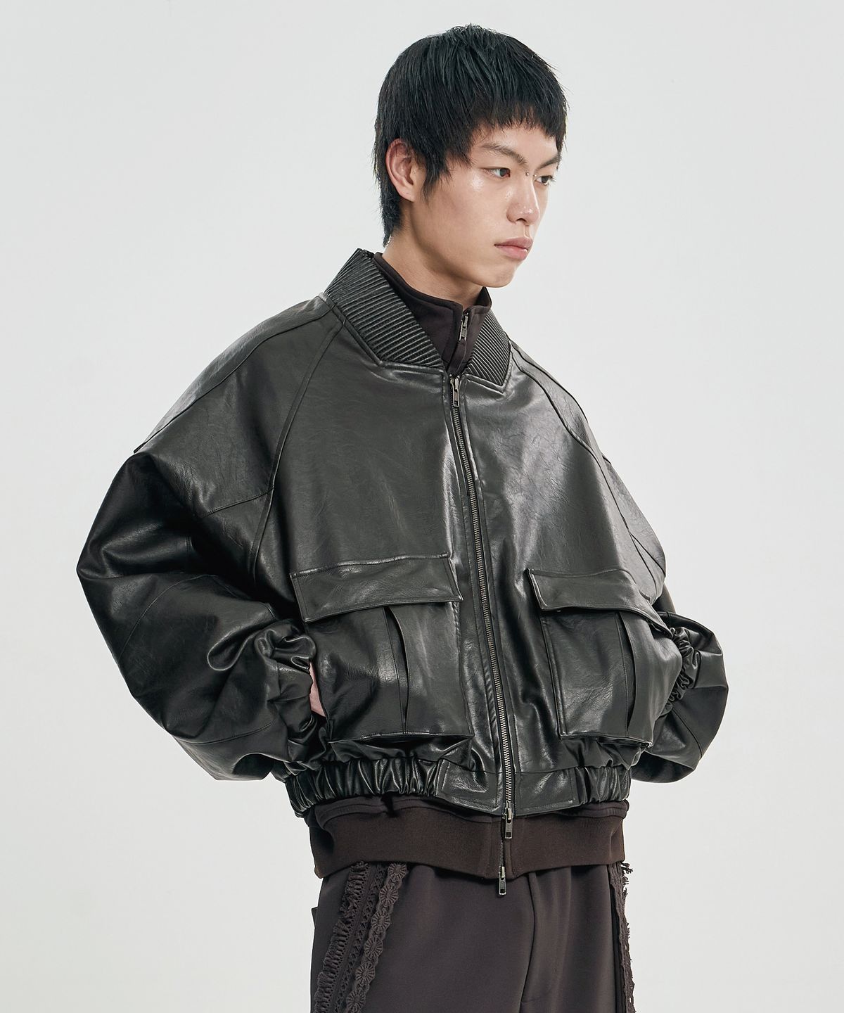 아조바이아조(AJOBYAJO) Faux Leather Ribbed Collar Blouson [DARK BROWN]
