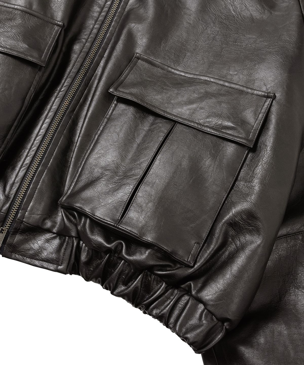 아조바이아조(AJOBYAJO) Faux Leather Ribbed Collar Blouson [DARK BROWN]