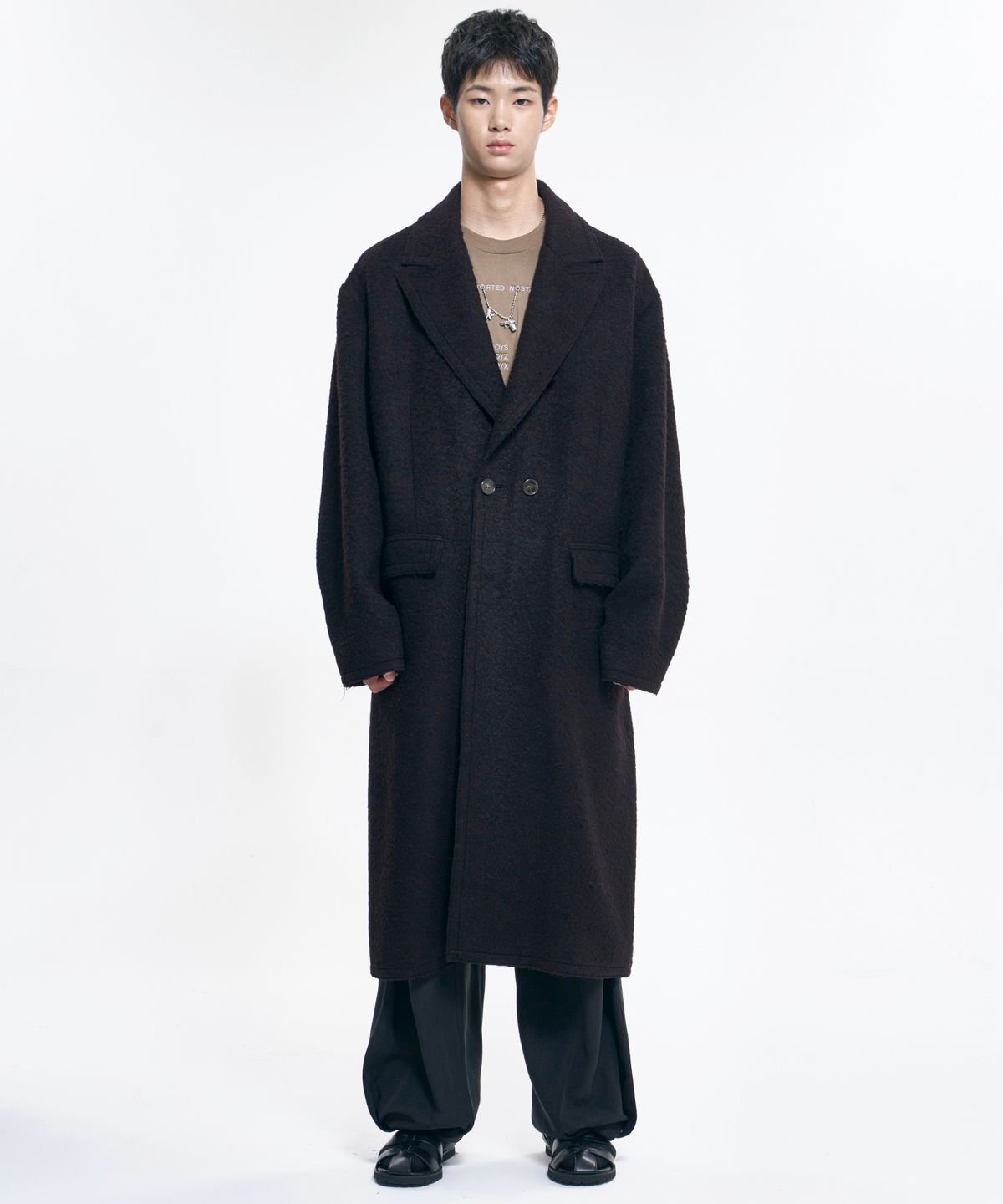 아조바이아조(AJOBYAJO) Raw Edge Peaked Collar Robe Coat [DARK BROWN]