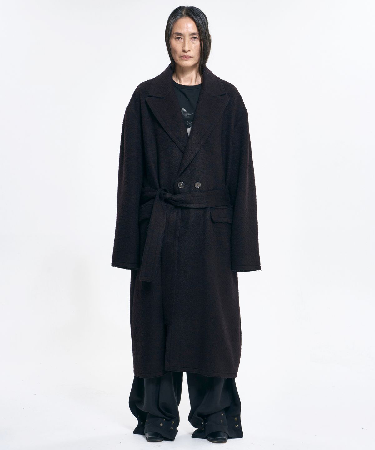 아조바이아조(AJOBYAJO) Raw Edge Peaked Collar Robe Coat [DARK BROWN]