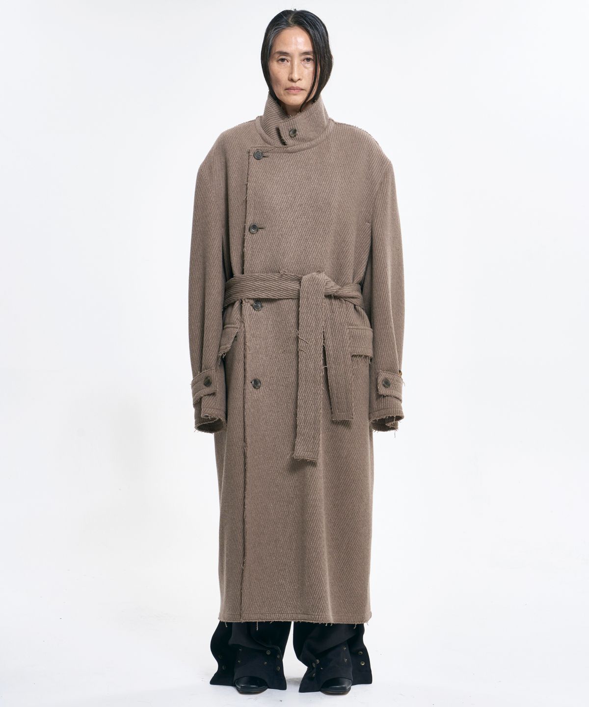 아조바이아조(AJOBYAJO) Raw Edge Single Collar Wrap Coat [BEIGE]