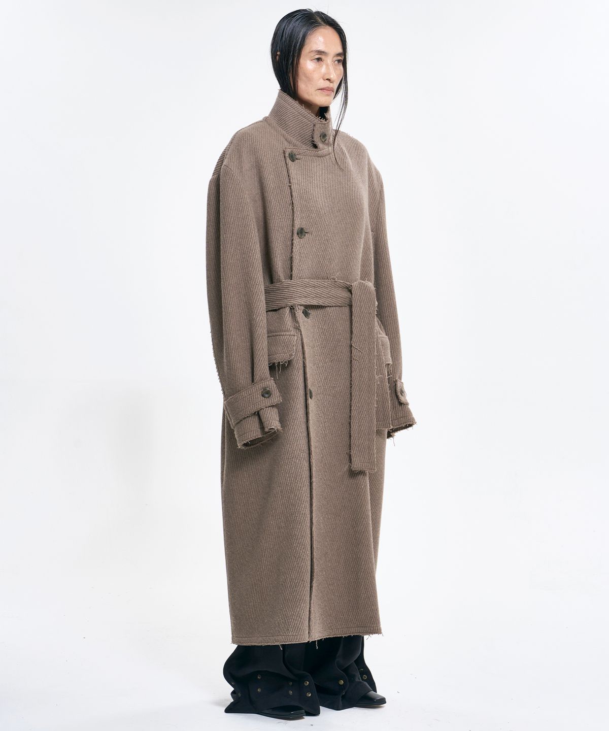 아조바이아조(AJOBYAJO) Raw Edge Single Collar Wrap Coat [BEIGE]
