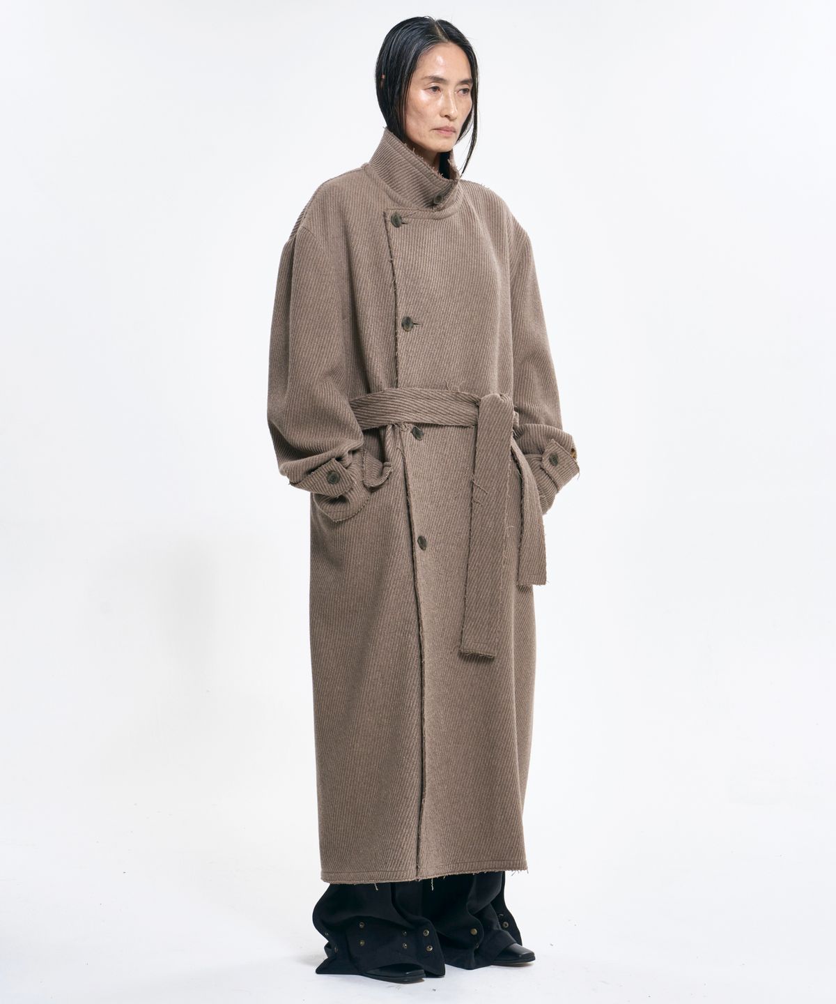 아조바이아조(AJOBYAJO) Raw Edge Single Collar Wrap Coat [BEIGE]