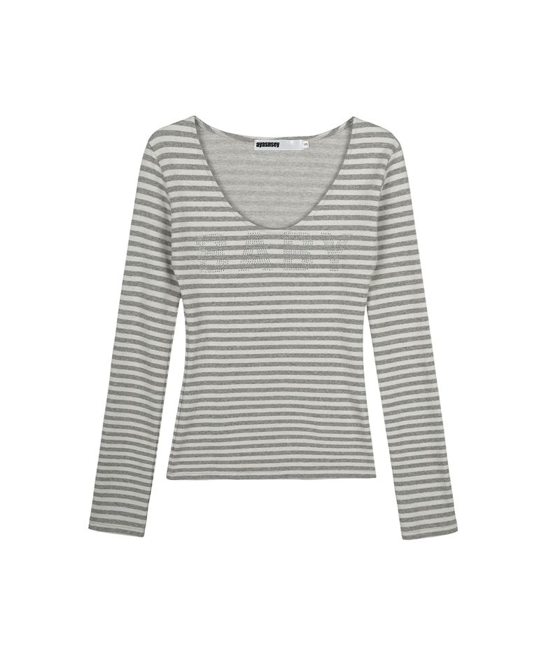 JUBE STRIPE V-NECK SLIM TOP (GRAY)