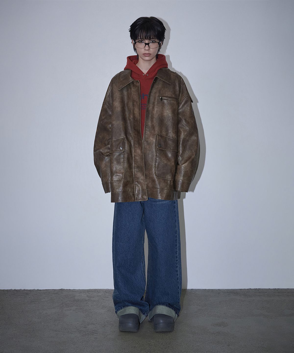 로타입(ROUGHTYPE) Embossed Washed Leather Jacket - Brown