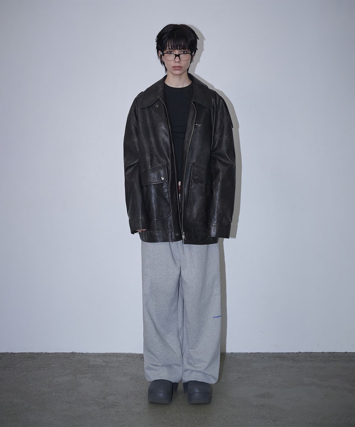 로타입(ROUGHTYPE) Embossed Washed Leather Jacket - Black