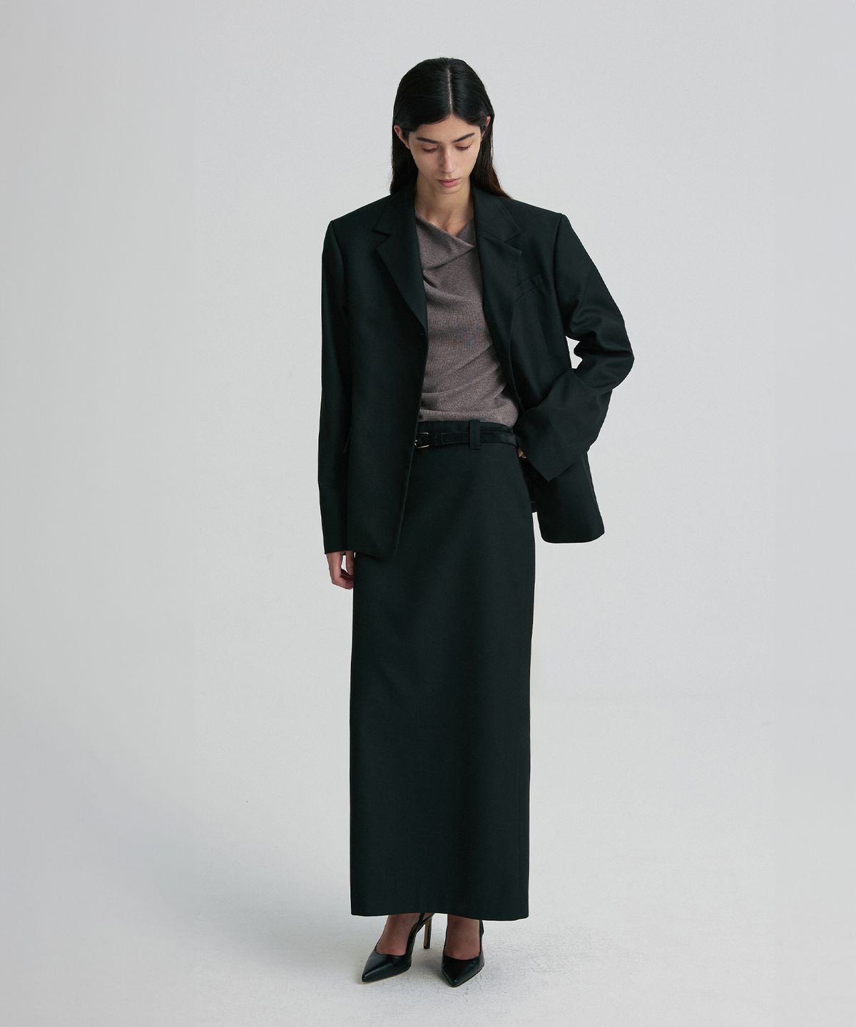 리이(RE RHEE) WOOL BLEND TAILORED STRAIGHT SKIRT BLACK