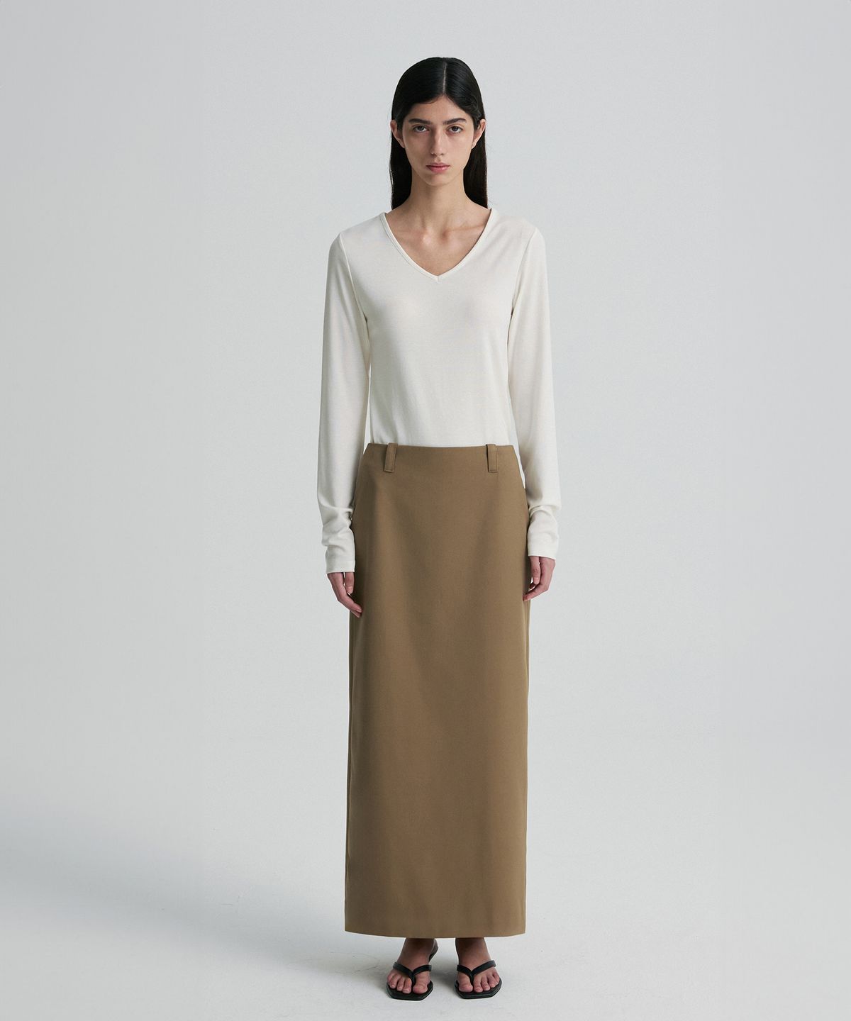 리이(RE RHEE) WOOL BLEND TAILORED STRAIGHT SKIRT TAUPE